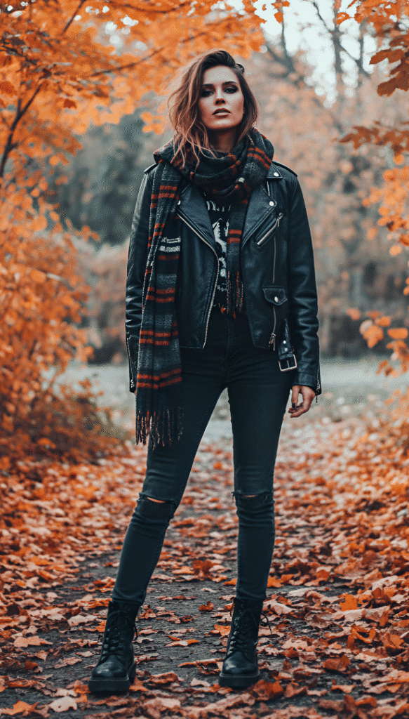 Leather Jacket + Plaid Scarf + Skinny Jeans
